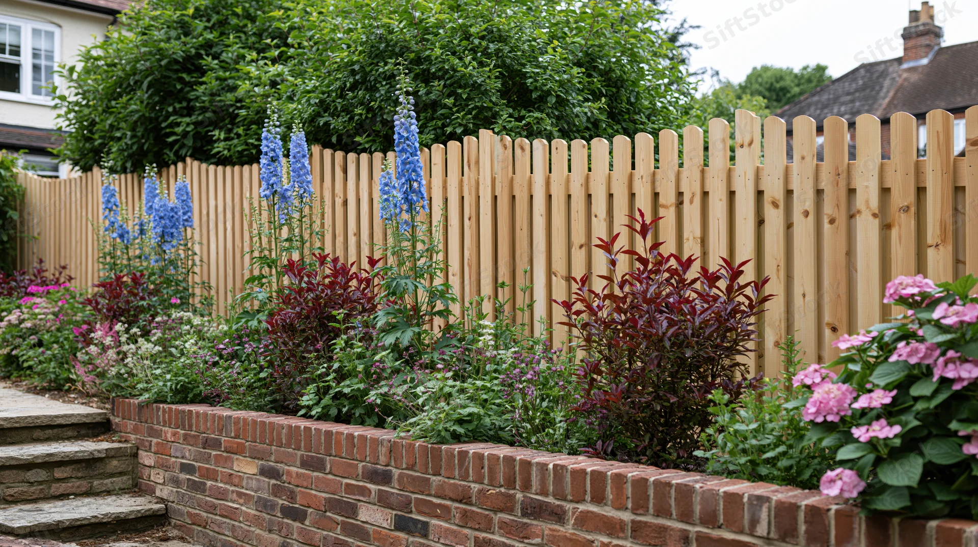 A garden border with tall blue delphiniums and red-leafed plants along a brick wall and wooden fence