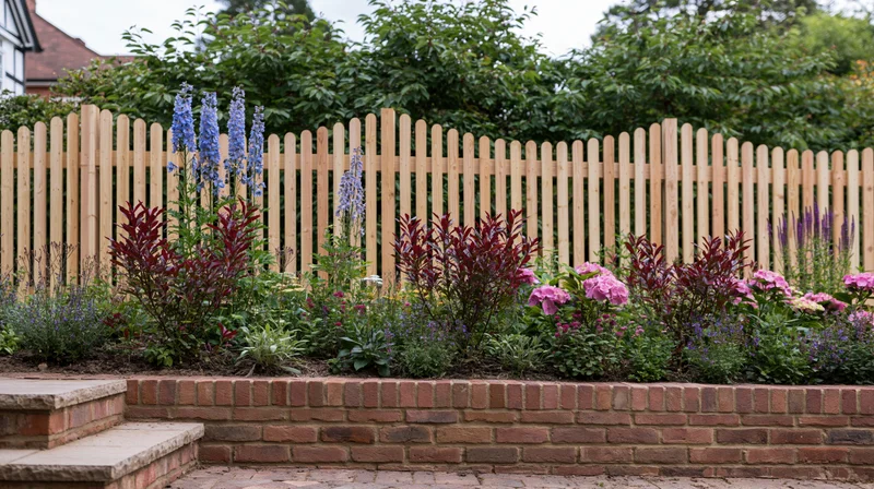 Garden border with tall blue delphiniums and red-leaved shrubs along a wooden picket fence and brick retaining wall