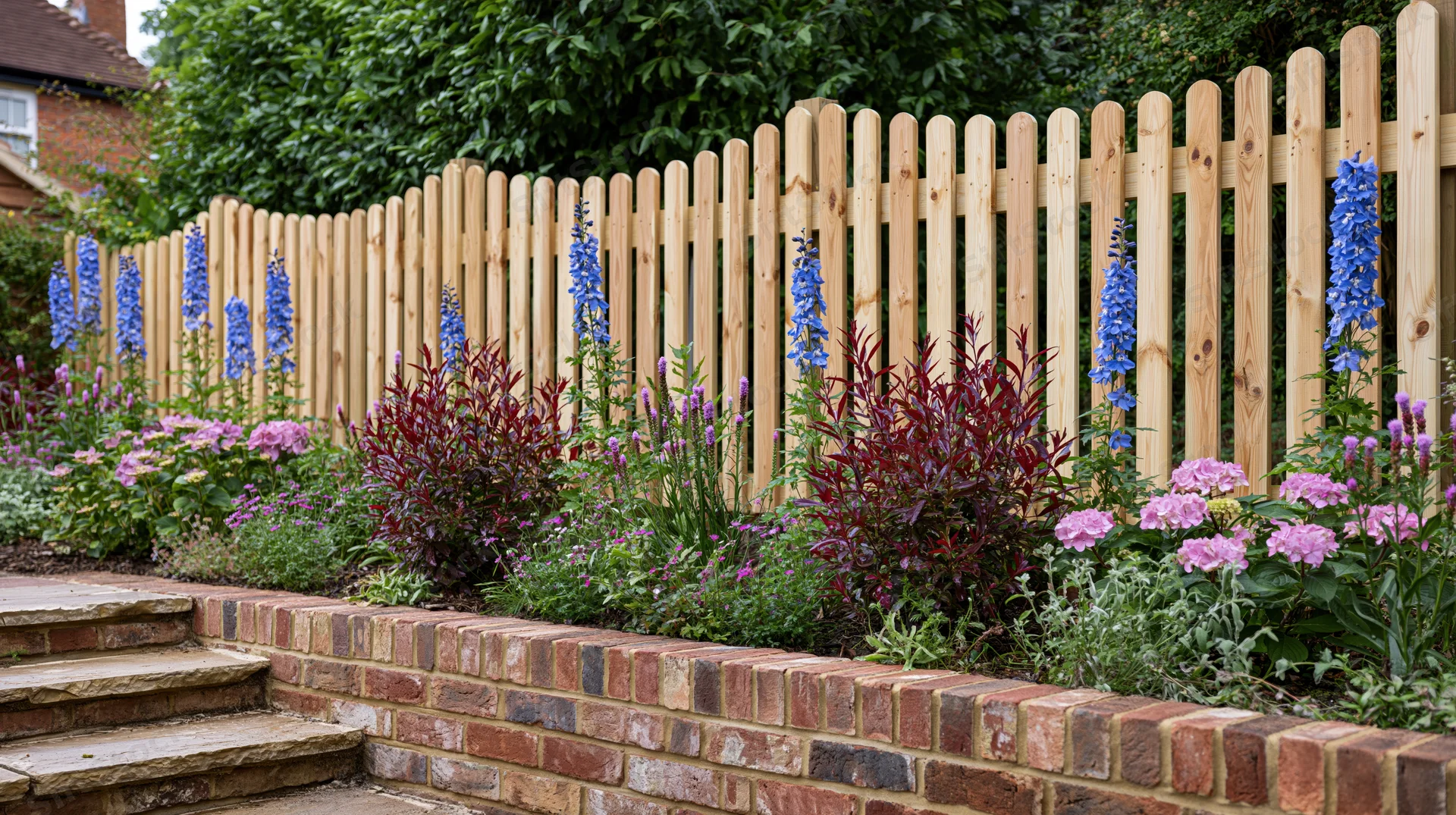 A garden border with tall blue delphiniums and red-leaved shrubs along a wooden picket fence and brick retaining wall