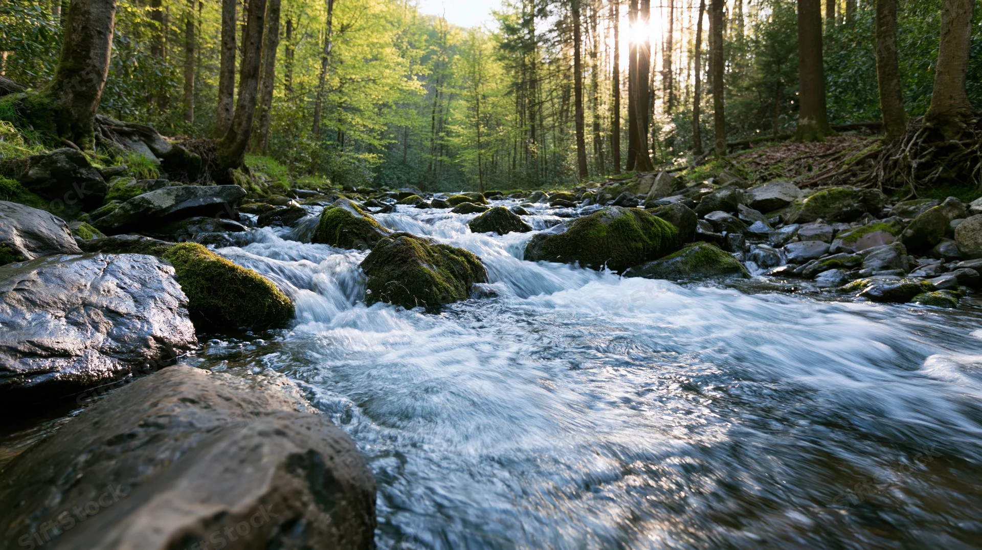 Rushing stream over mossy rocks in a sunlit forest
