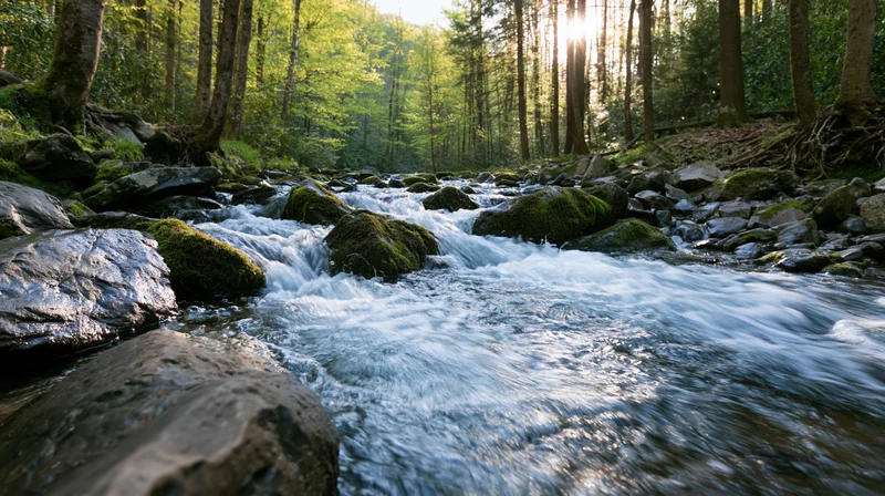 Rushing stream over mossy rocks in a sunlit forest