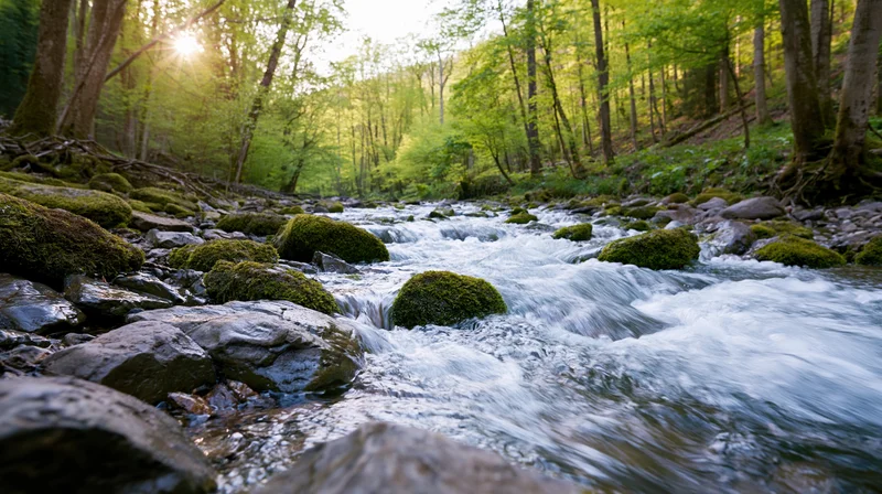 Rushing stream flows over moss-covered rocks in a sunlit forest