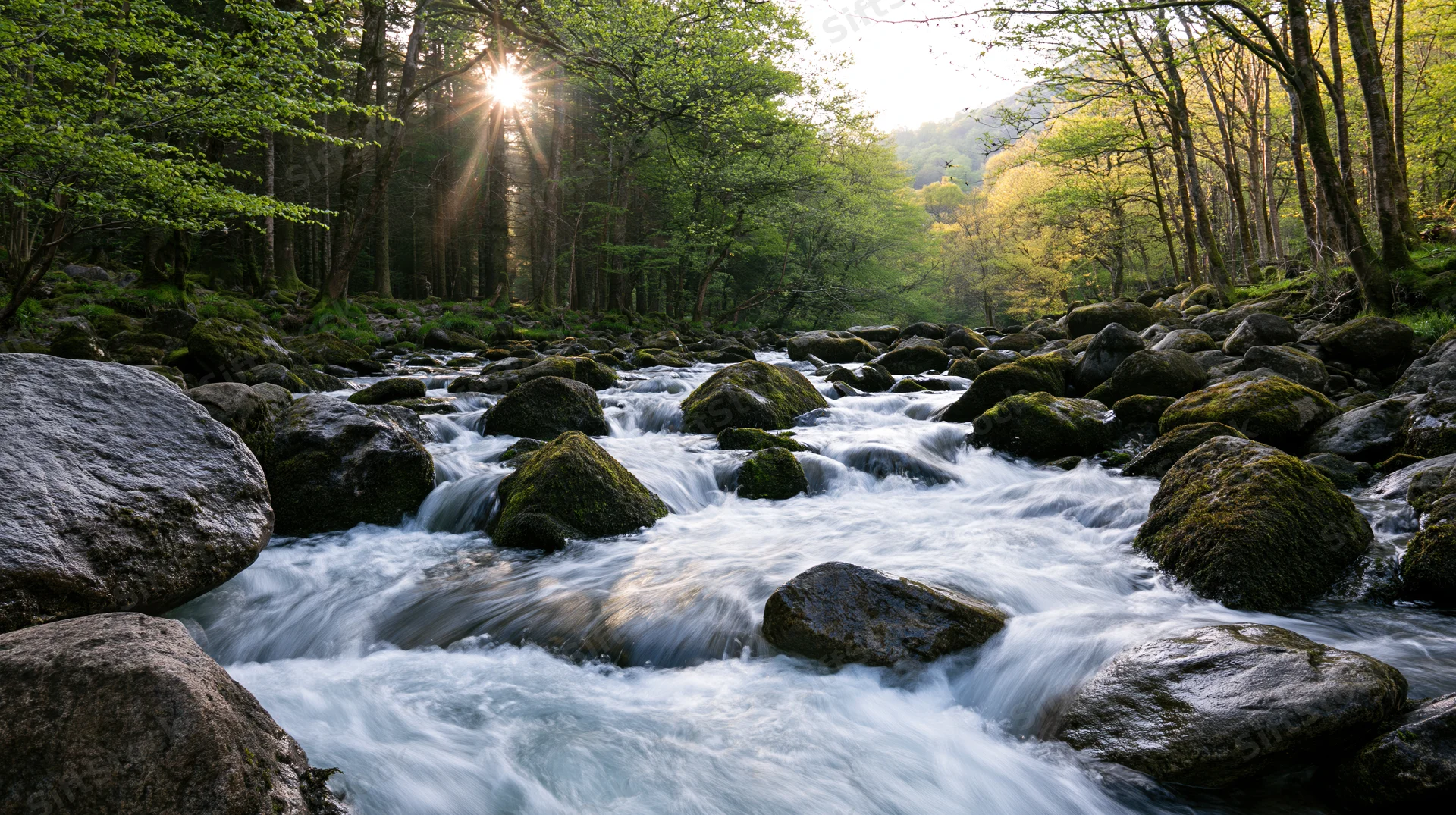 Rushing stream flows over moss-covered rocks in a sunlit forest