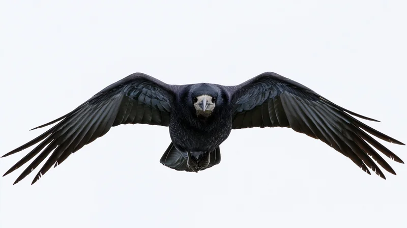 Rook in mid-flight with wings fully spread gliding directly toward the viewer against a white background