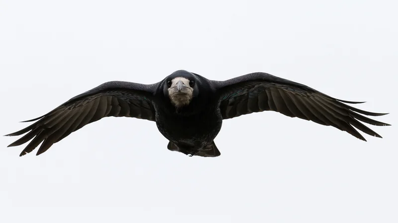 Rook in mid-flight with wings fully spread gliding directly toward the camera against a white background