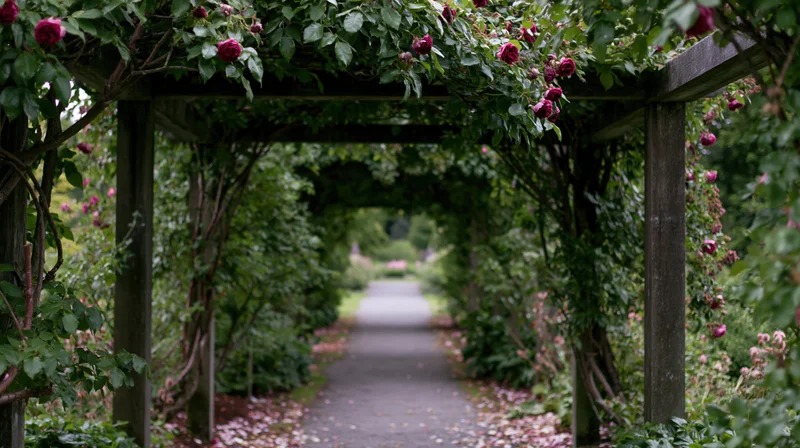 Wooden pergola covered in blooming roses forming a tunnel over a garden pathway