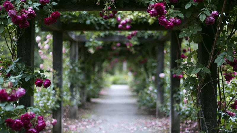 Rose-covered wooden pergola tunnel along a garden pathway