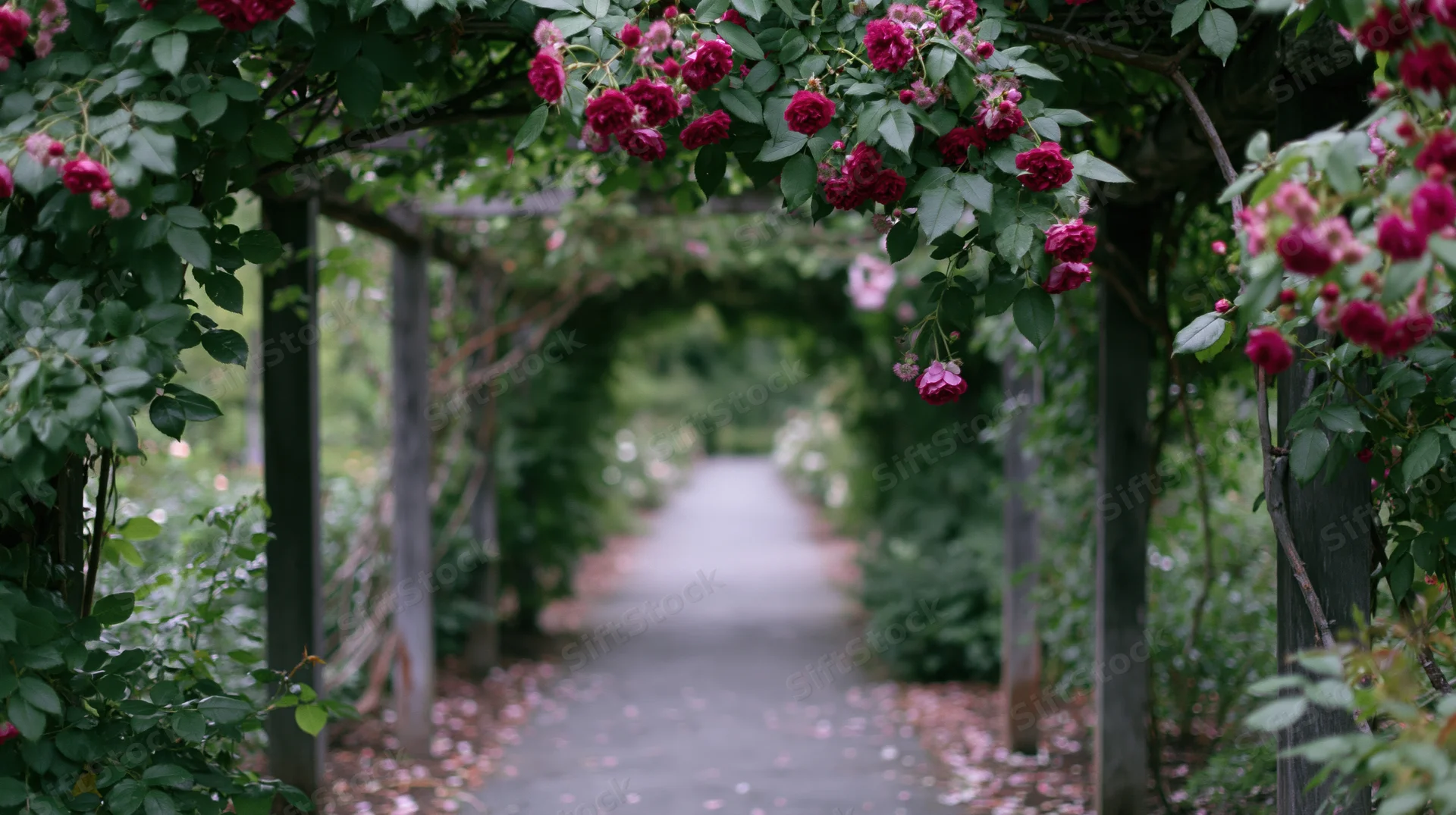 Rose-covered wooden pergola tunnel along a garden pathway