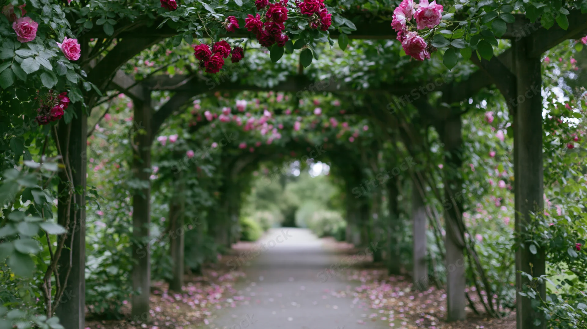 Rose-covered wooden pergola tunnel along a garden pathway