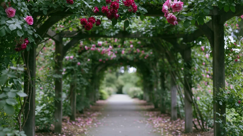 Rose-covered wooden pergola tunnel along a garden pathway