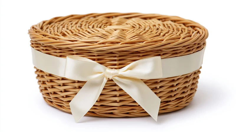 Round woven wicker basket with cream satin ribbon tied in bow, isolated on white background