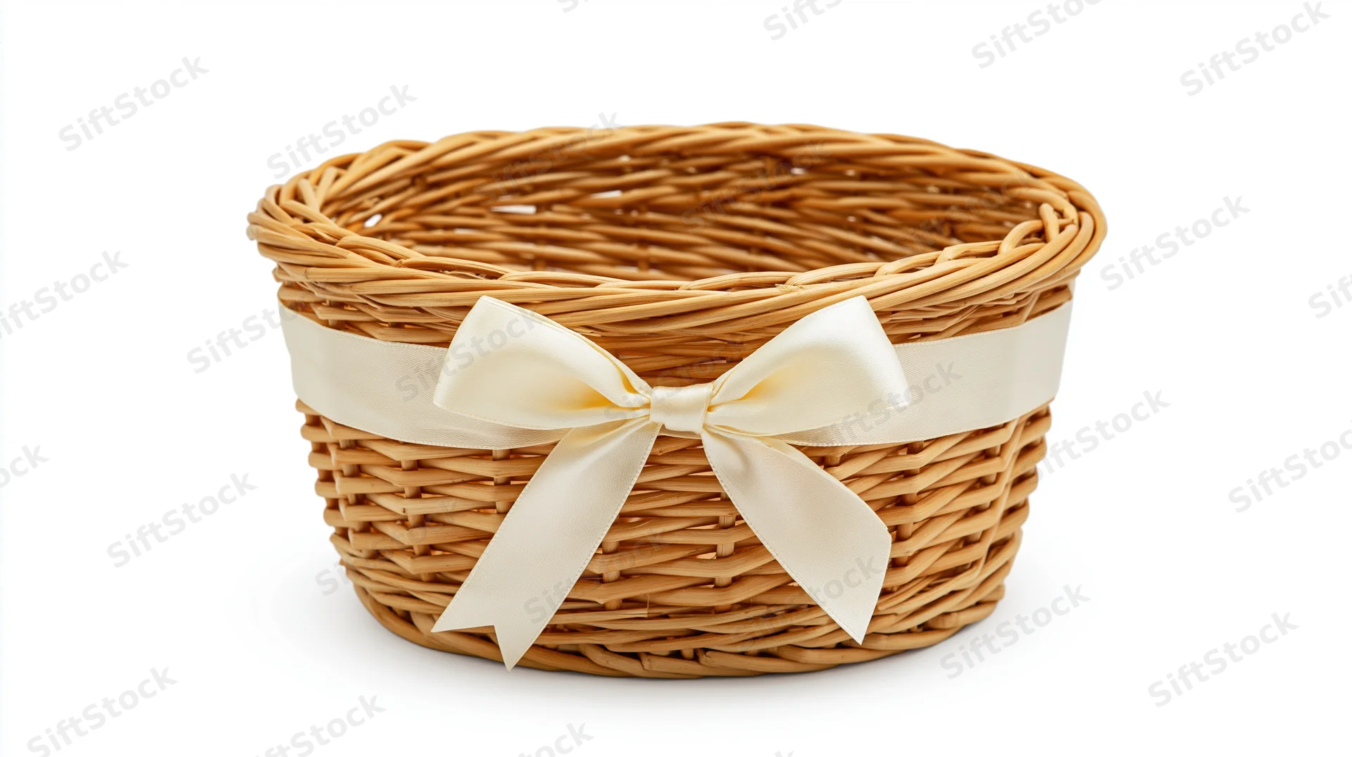 Round woven wicker basket with cream satin ribbon bow on white background