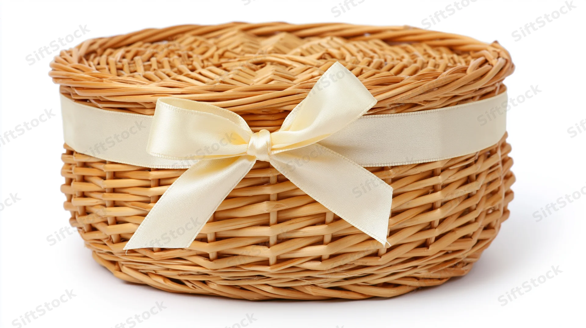 Round woven wicker basket with cream satin ribbon bow on white background