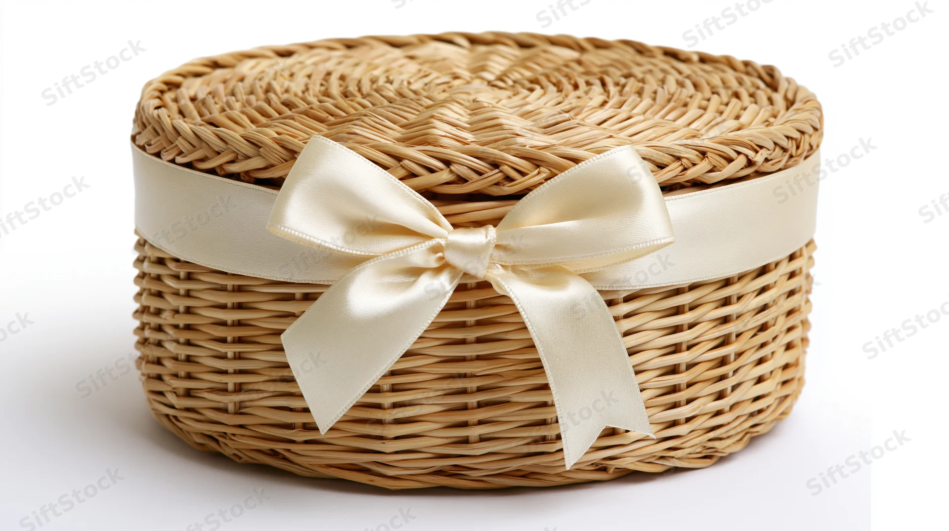 Round woven wicker basket with cream satin ribbon tied in bow on white background