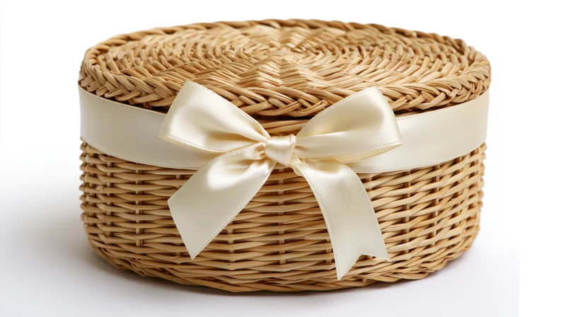 Round woven wicker basket with cream satin ribbon tied in bow on white background