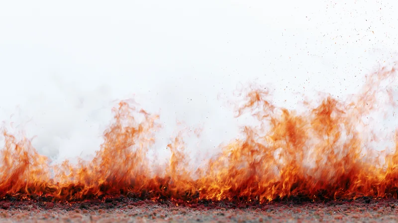 Intense orange and red flames burning along the ground against a white background