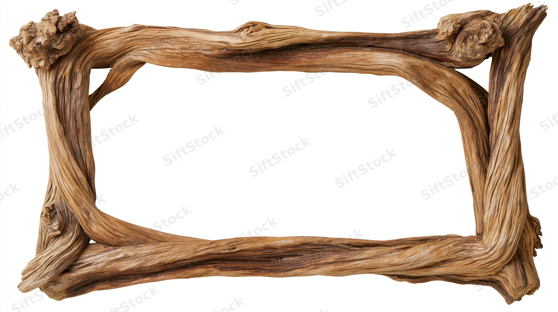 Rustic driftwood frame with twisted natural wood edges on white background