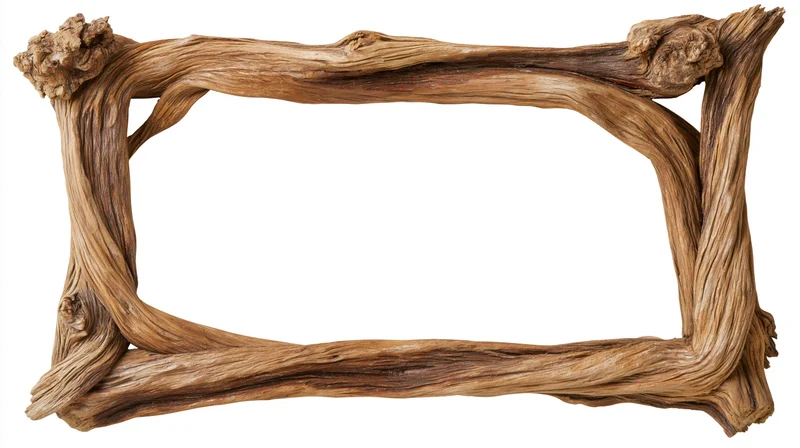 Rustic driftwood frame with twisted natural wood edges on white background