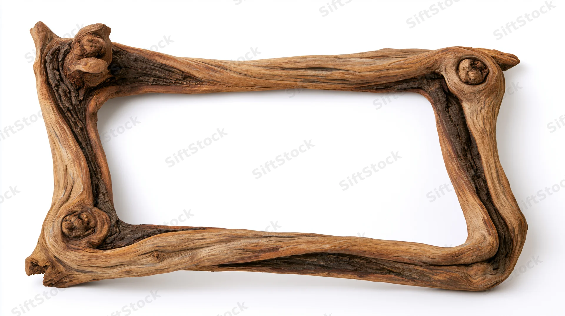 Rustic handcrafted driftwood frame with natural twists and knots on white background