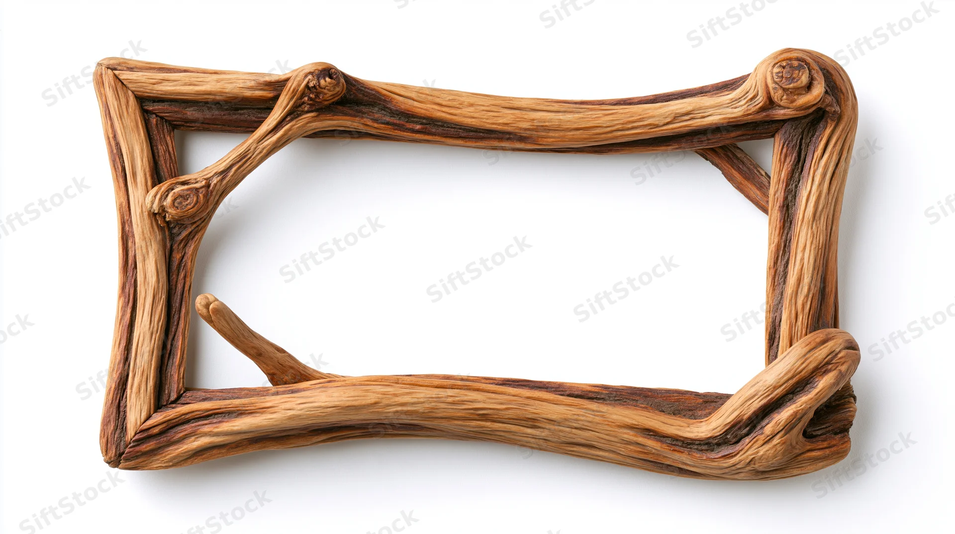 Rustic driftwood frame with irregular wavy edges on white background