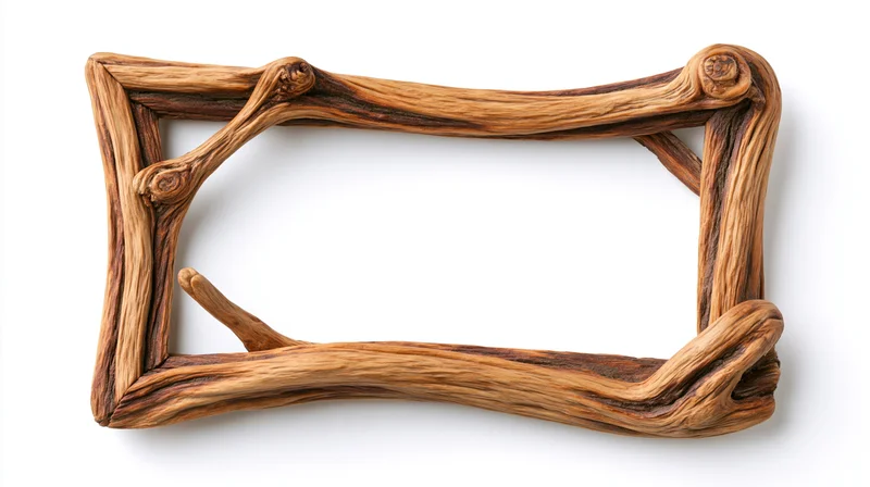 Rustic driftwood frame with irregular wavy edges on white background
