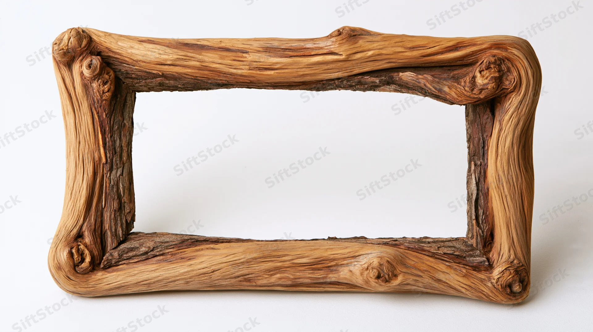 Rustic driftwood picture frame with natural wood grain and knots on white background