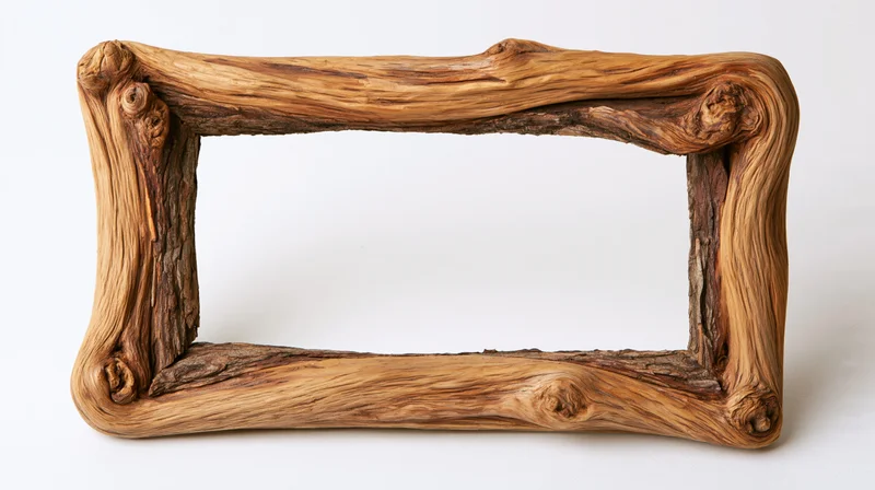 Rustic driftwood picture frame with natural wood grain and knots on white background