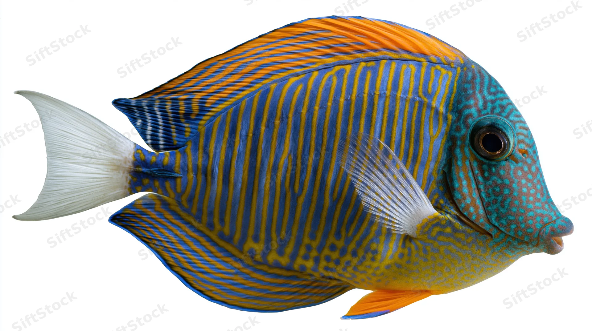 Sailfin tang fish in full profile against white background