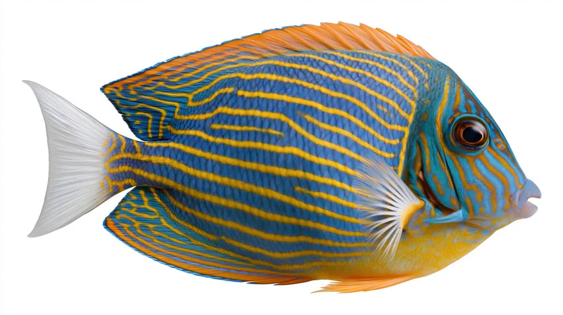 Sailfin tang fish in full side profile against white background