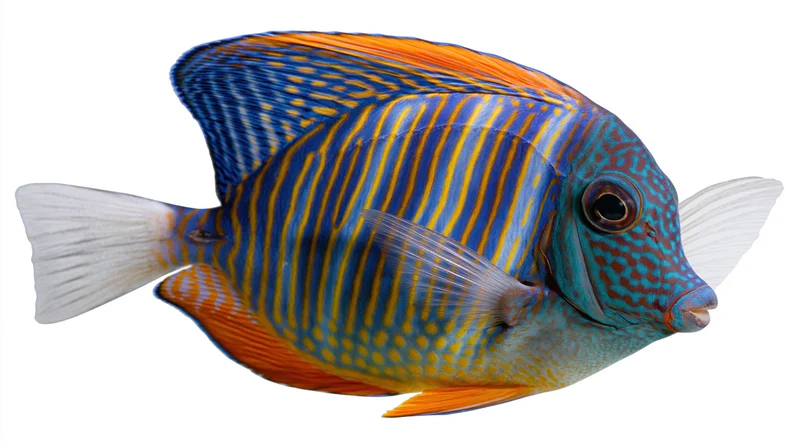 Sailfin tang fish in full side profile isolated on white background