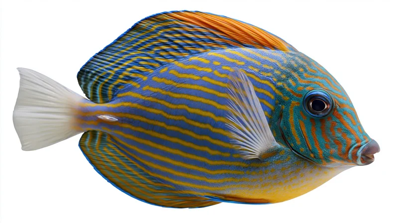 Sailfin tang fish in full side profile against white background