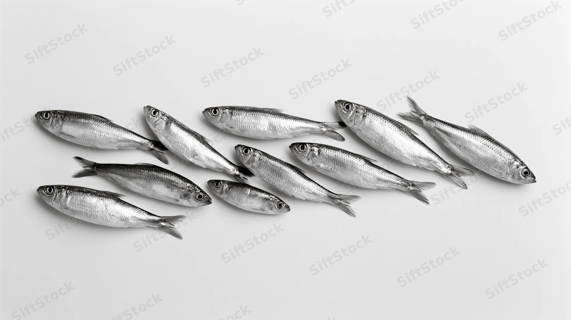 Small silvery fish arranged in a loose school on a white background