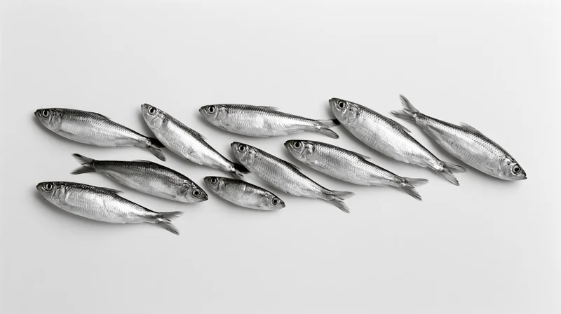 Small silvery fish arranged in a loose school on a white background