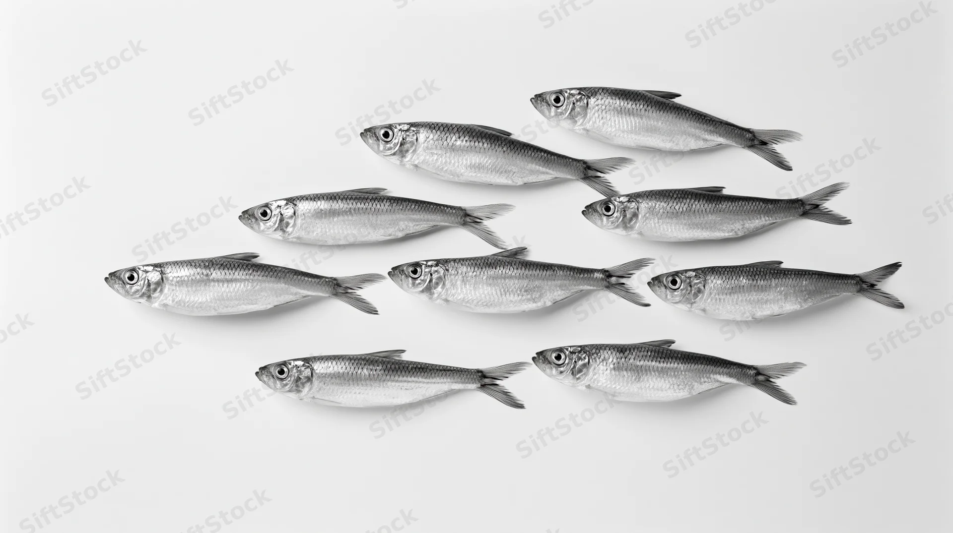 School of small silvery fish arranged loosely on white background