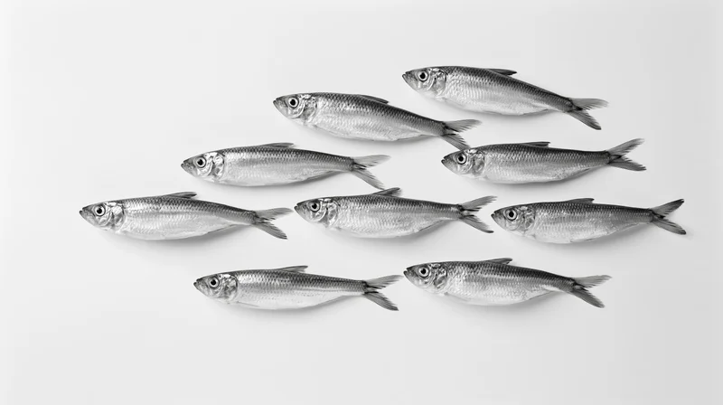 School of small silvery fish arranged loosely on white background