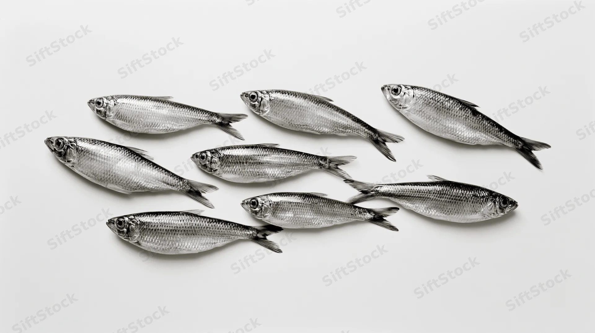 Small silvery fish arranged in a loose school on a white background