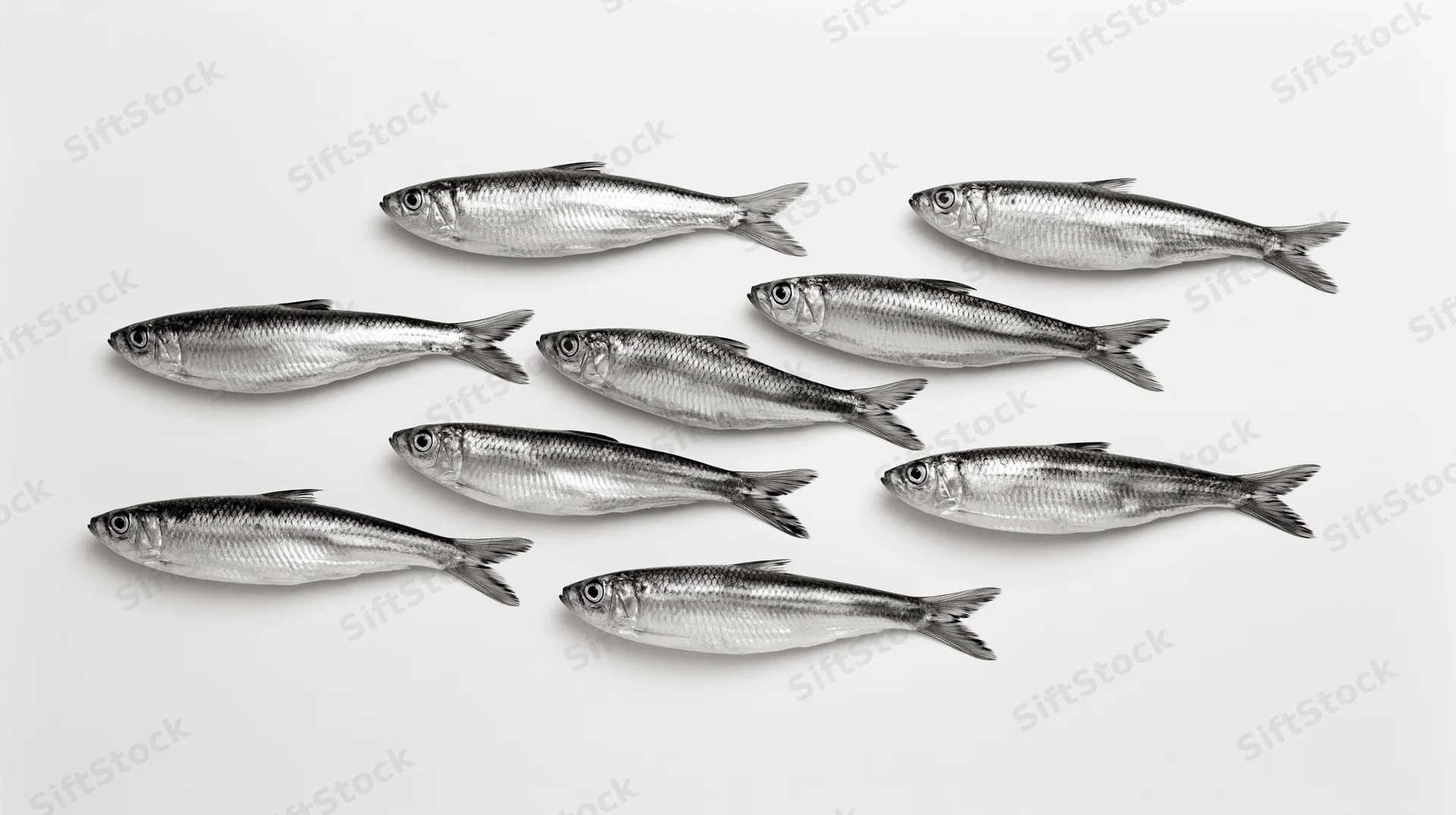 School of small silvery fish arranged in loose formation on white background