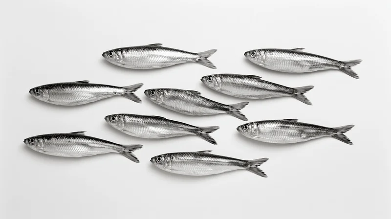 School of small silvery fish arranged in loose formation on white background