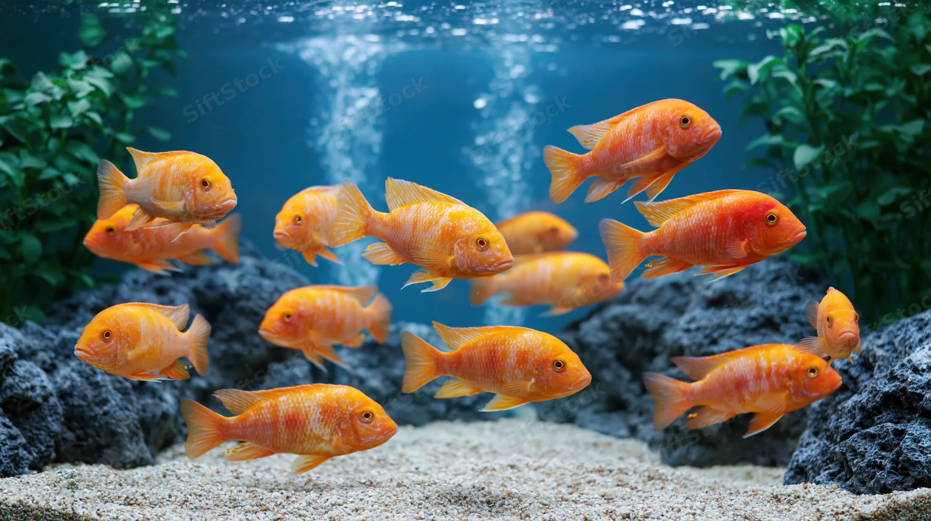 School of orange and red cichlid fish swimming midwater in an aquarium with rocks and plants