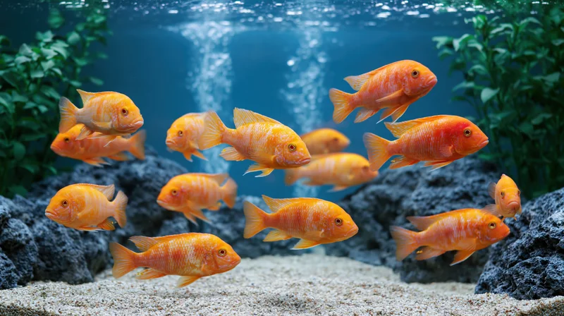School of orange and red cichlid fish swimming midwater in an aquarium with rocks and plants