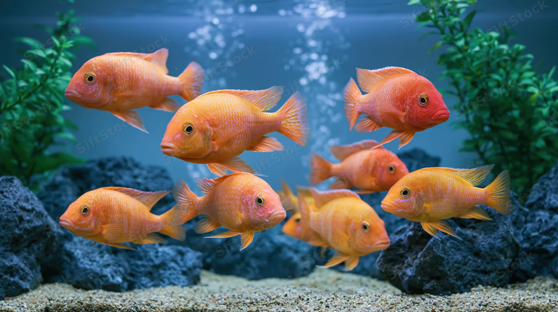 School of orange and red cichlid fish swimming mid-water in an aquarium with rocks and green plants