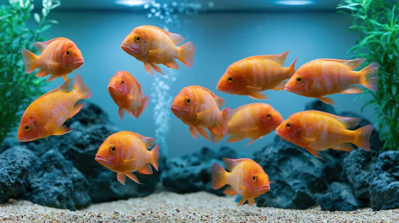 School of orange cichlid fish swimming midwater in a planted aquarium with rocks and gravel substrate