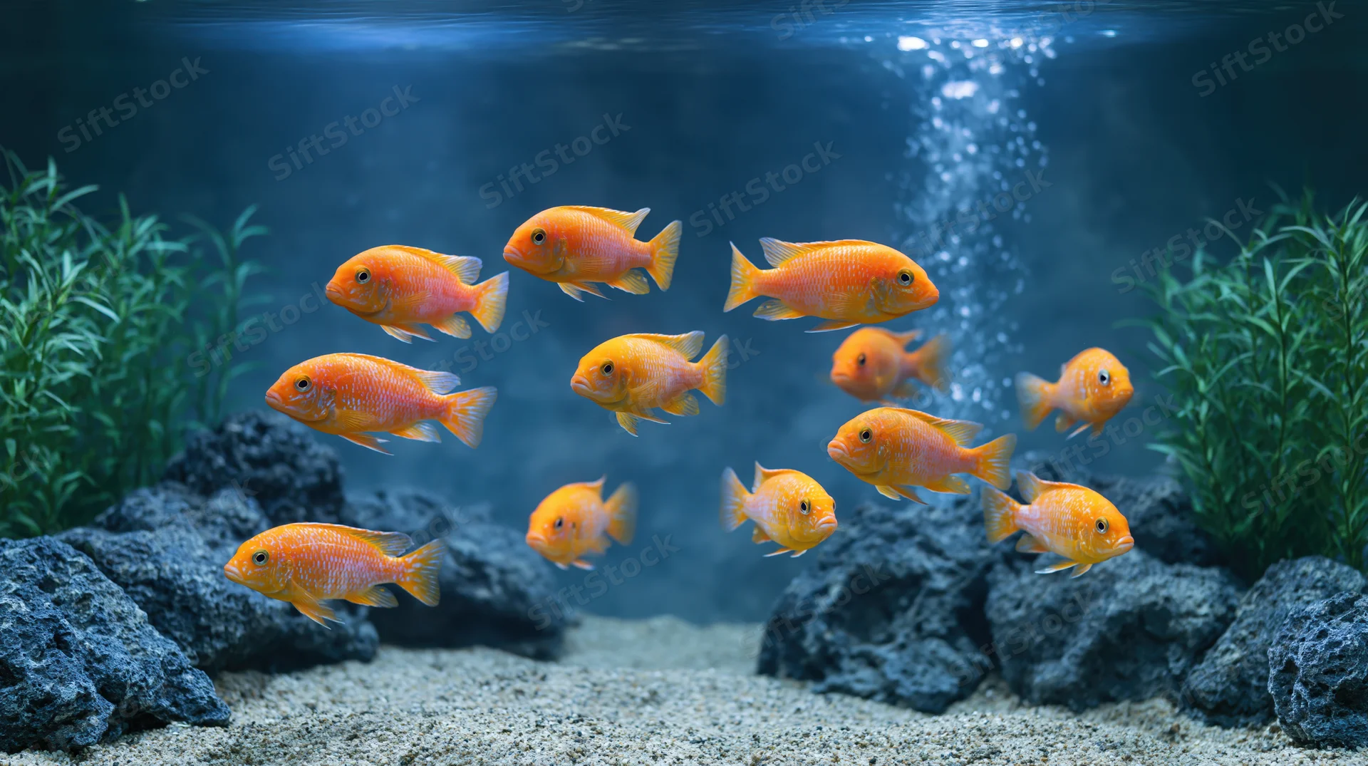 School of orange cichlid fish swimming midwater in a planted aquarium with rocks and gravel substrate