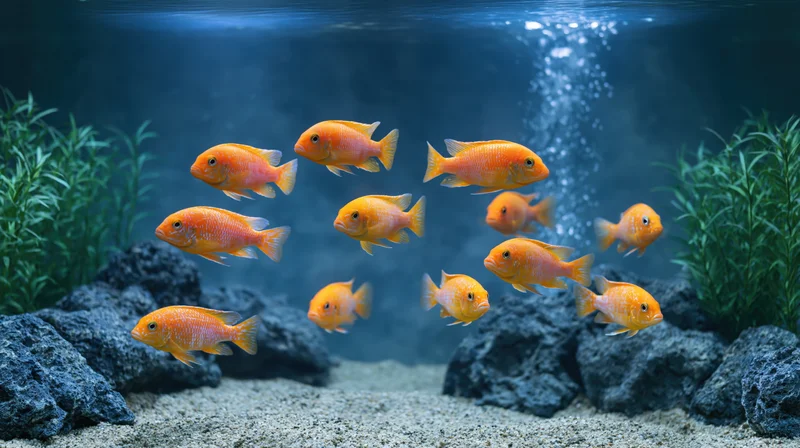 School of orange cichlid fish swimming midwater in a planted aquarium with rocks and gravel substrate