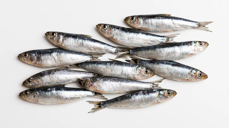 School of fresh whole herring and sprat fish arranged on white background