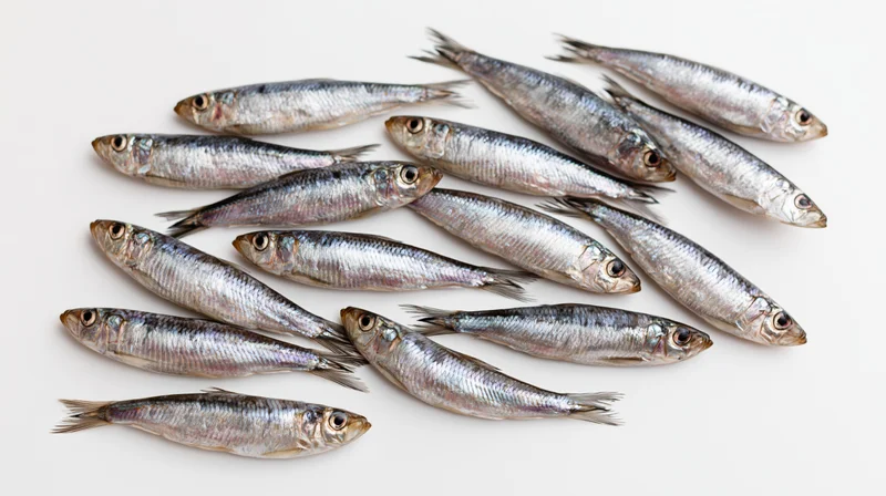 Fresh whole herring and sprat fish arranged on white background