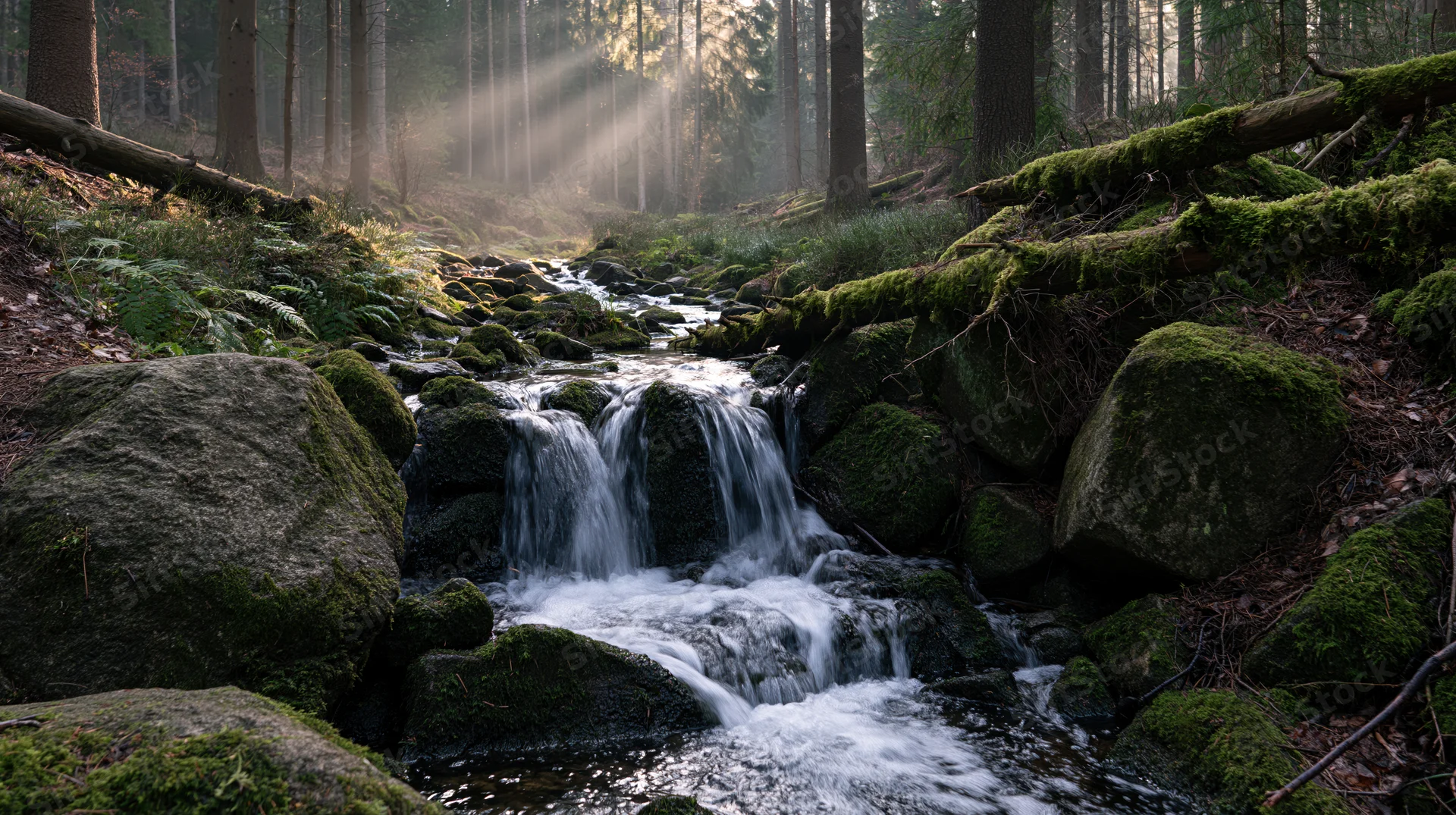 Shallow forest stream cascading over mossy rocks and small waterfalls in a sunlit woodland