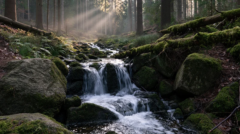Shallow forest stream cascading over mossy rocks and small waterfalls in a sunlit woodland