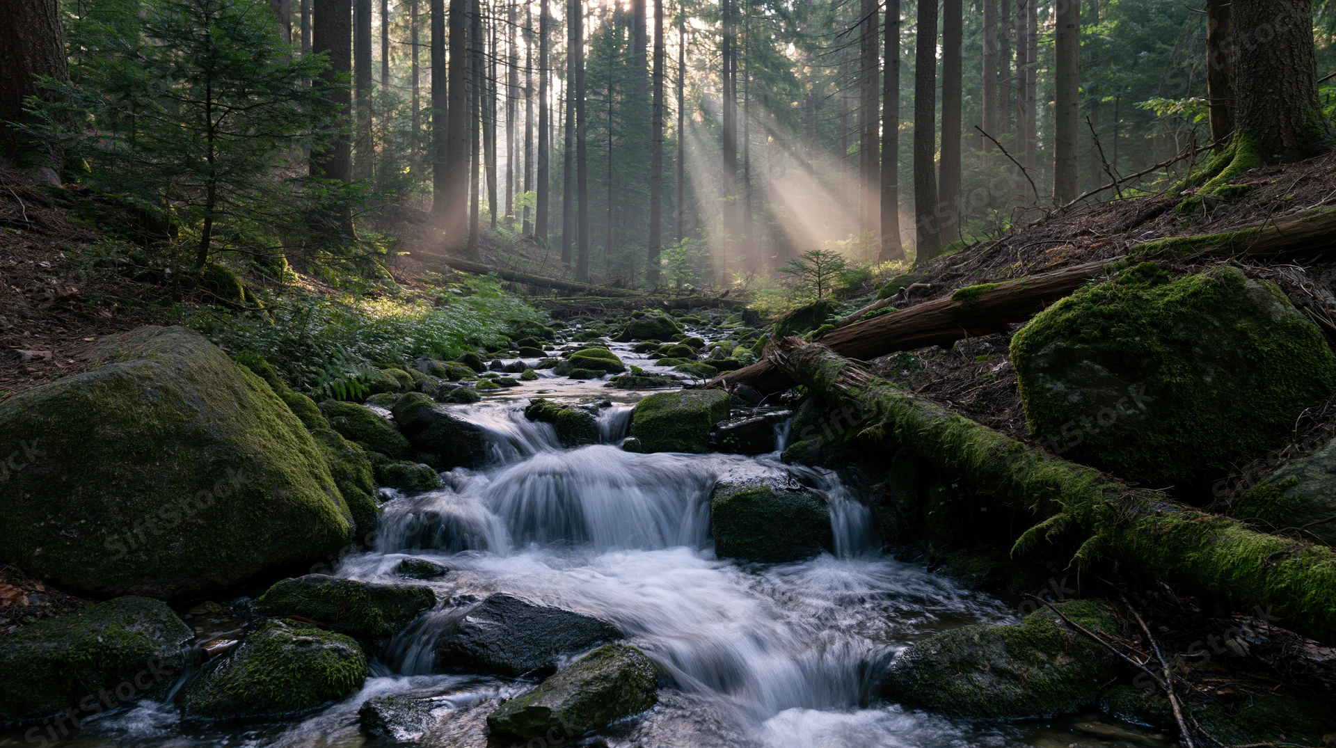 Shallow forest stream cascading over mossy rocks with sunlight filtering through tall trees