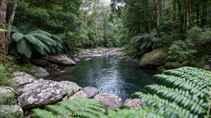 Shallow rocky stream winding through dense temperate rainforest with ferns and moss-covered rocks